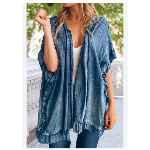 Canvas Washed Denim Ruffle Open Cardigan Size L boho western - Picture 1 of 8
